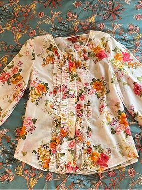 Sundance White Floral Ruffle Front Blouse with Pink, Orange & Green Accents